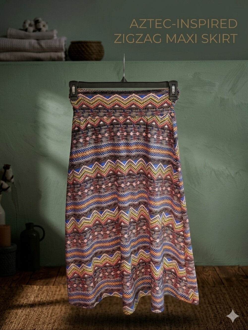 Bobeau Geometric Zigzag Maxi Skirt - Colorful Boho Chevron Print, Size S